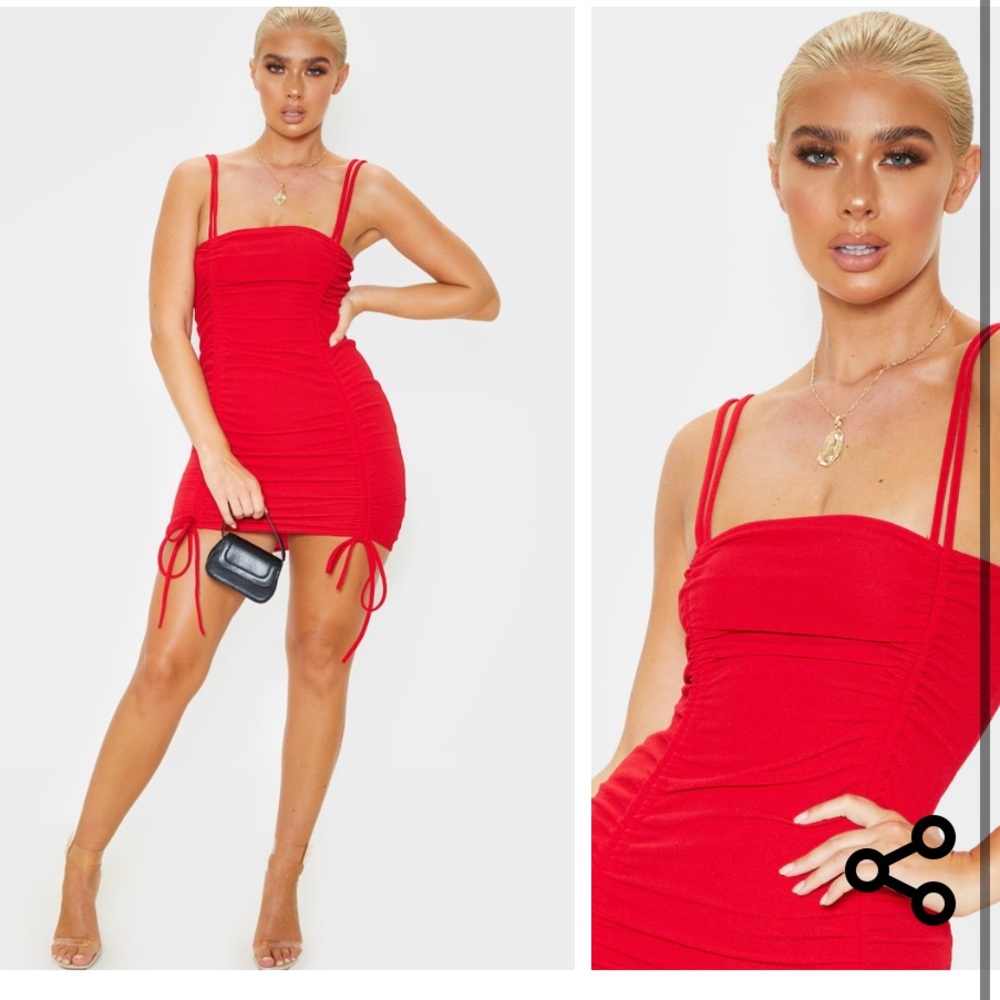 Prettylittlething Red Ruched Front Strappy Dress
